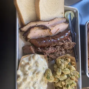 3 meat sampler with okra and mac &amp; cheese