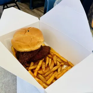 Hot chicken sandwich w/ fries