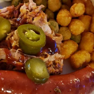 Smoked sausage, pulled pork, tots, okra