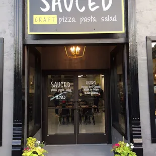 the entrance to a restaurant