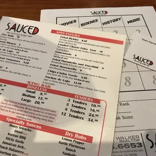 Menu and trivia score sheet