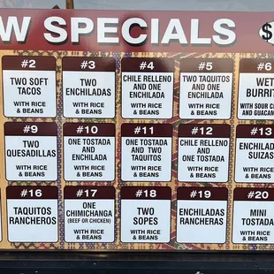 Current specials as of 10/23/2023.