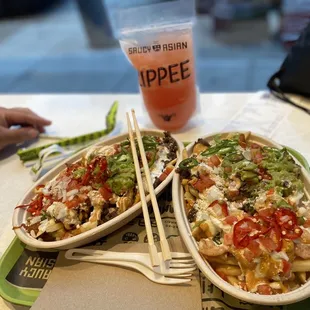 SAUCY ASIAN FRIES- one with pork &amp; bulgogi and one with shrimp and bulgogi
