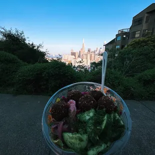 Falafel salad with vegan dressing (5/5 delicious) - walk over to ina coolbrith park 0.3 miles away to eat for a meal with a view