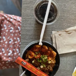Puerto Rican Rice Bowl beef and shrimp