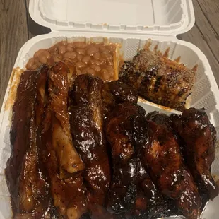 Ribs, Sweet Baby Baked Beans, Teriyaki Parmesan corn