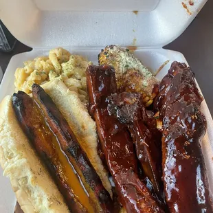 2 meat plate w/ ribs, hot link, mac &amp; cheese, and teriyaki parm corn