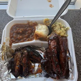 2 Piece Meat Plate with wings, ribs, beans, and mac! Everything was delicious