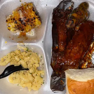 Rib Plate with Green Chili Mac &amp; Cheese and Teriyaki Parmesan Corn (&amp; a single wing I stole from my husband)
