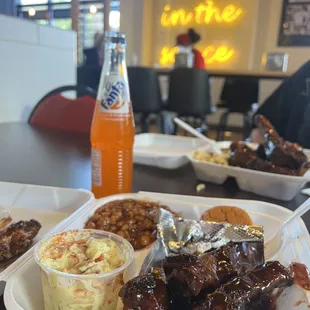 Ribs house sauce, potato salad, baked beans