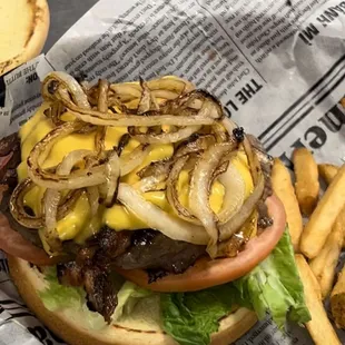 Bacon cheddar burger with fried onions