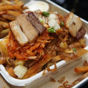 Regular Poutine with Kimchi &amp; pork Belly. YUM!