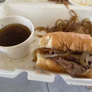 Roast beef and au jus sandwich