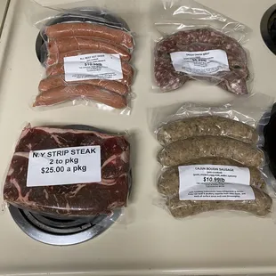 NY strip, Cajun Boudin, Green onion brats and all beef hot dogs