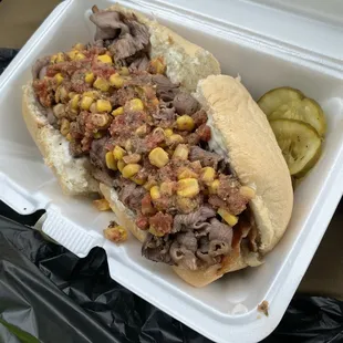 THE &quot;PBR&quot; Smoked tri tip, bacon, onions, mayo and corn relish