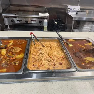 Chicken stew, spaghetti with hot dogs, and beef stew