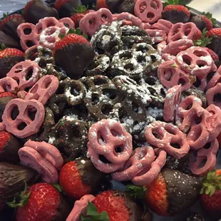 Chocolate dipped strawberries and pretzels