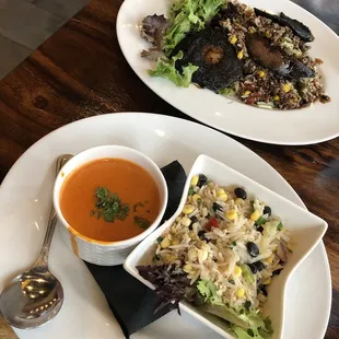 Tomato bisque, southwest rice bowl and stuffed portobello mushrooms