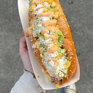 a person holding a hot dog