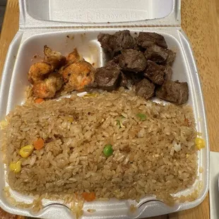 NY Steak, Shrimp And Fried Rice.
