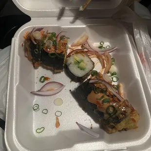 This is a Spicy crunchy Veggie Roll, I started taking it apart before the picture but this was so good.