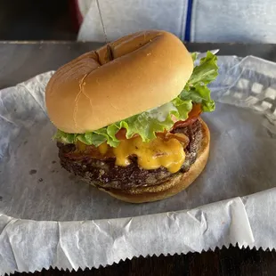 a cheeseburger on a bun