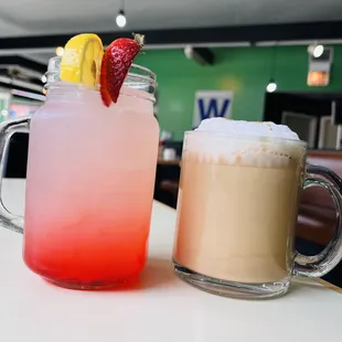 Strawberry lemonade and cappuccino