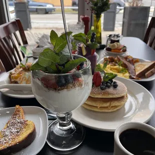 Parfait/ yogurt- granola- berries.  
Coffee / pancakes/ classic breakfast