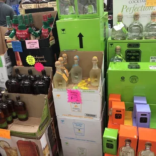 a variety of liquor bottles in a store