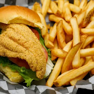 a chicken sandwich and french fries