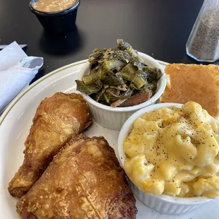 Chicken, Baked Macaroni &amp; Cheese and greens