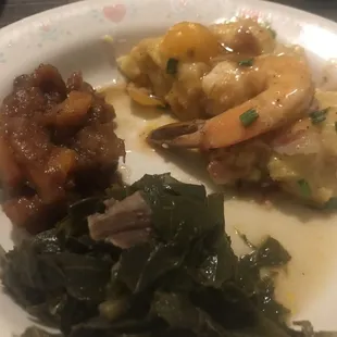 Made myself a plate. Greens, sweet potatoes, and some shrimp sitting on the grits.