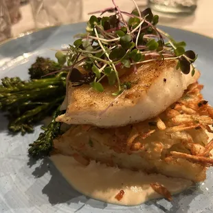 Chilean Seabass: potato &amp; scallion rosti, caramelized onion soubise, broccolini, green tomato jam $46