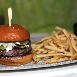 Greek Lamb Burger ($26) - house ground lamb, feta, salt roasted beet, pepperoncini, pickled red onion
