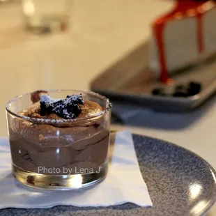 Chocolate Mascarpone Mousse ($13) - pomegranate reduction, brownie pieces
