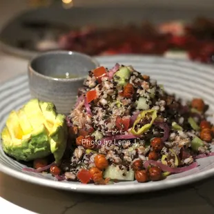 Mediterranean Bowl ($18) - farro and quinoa salad, tomato, cucumber, avocado, greek vinaigrette (requested on the side)