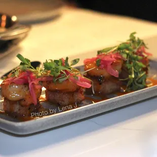 Bang Bang Shrimp ($18) - crispy sweet rice, pickled red onion, bang bang sauce