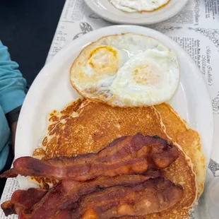 bacon, eggs, pancakes and pancakes