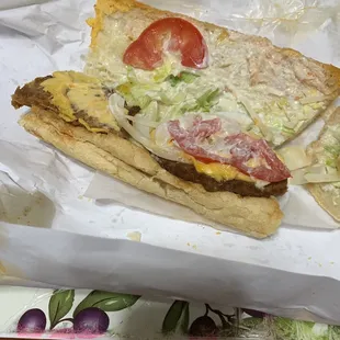 Hot sausage patty poboy- open