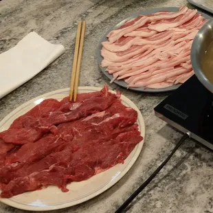 thin sliced flat iron beef and pork belly for hot pot