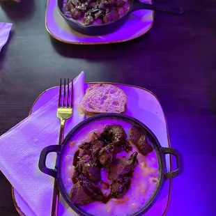 Truffle Gnocchi with steak tips and mac &amp; cheese with steak tips.