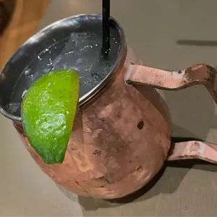 Moscow mule, not too sweet but very flavorful, and the mule kicks watch out! Lol
