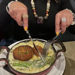 The crab cakes served with asparagus over cream corn,  that was delicious.