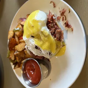 Homemade corned beef Egg Benedict