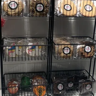 a display of cookies and pastries