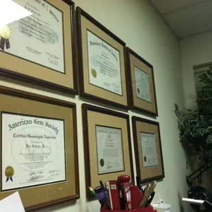 Many many certifications all of the walls