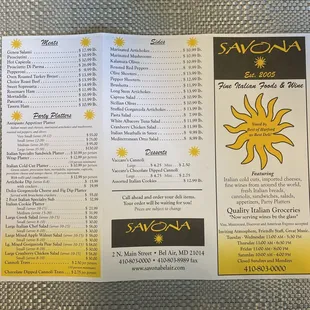 Savona menu taken Spring 2023 (front side)