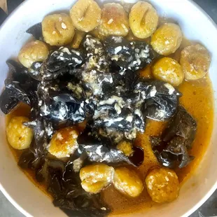 Vegan gnocchi ear wood mushrooms