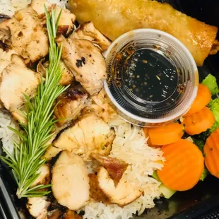 Marinated BBQ Chicken Teriyaki w/homemade eggroll served over Basmati Rice