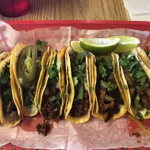 Mini tacos are the only way to go!!  From left: 2 Asana, 1 carnitas, 2 chorizo, 3 al pastor